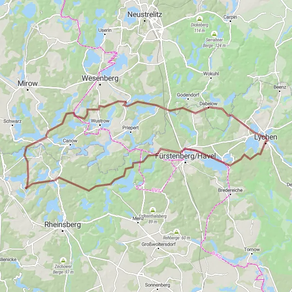 Map miniature of "Lychen - Stolpsee - Fürstenberg/Havel - Großer Stechlinsee - Zechlinerhütte - Drosedow - Altthymen" cycling inspiration in Brandenburg, Germany. Generated by Tarmacs.app cycling route planner