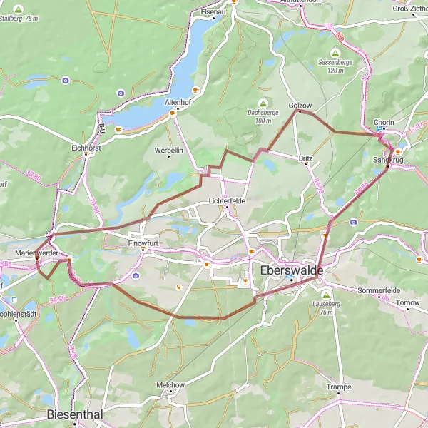 Map miniature of "The Chorin Gravel Adventure" cycling inspiration in Brandenburg, Germany. Generated by Tarmacs.app cycling route planner
