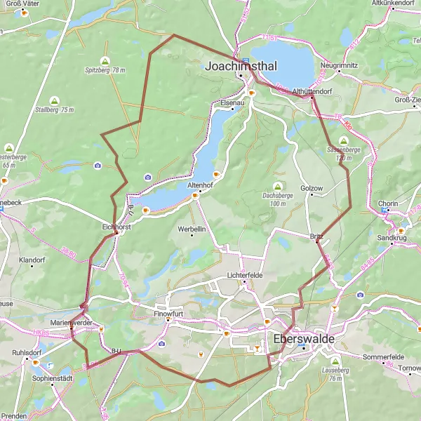Map miniature of "Marienwerder Hills" cycling inspiration in Brandenburg, Germany. Generated by Tarmacs.app cycling route planner