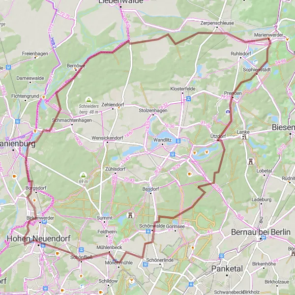Map miniature of "Gravel Route from Marienwerder" cycling inspiration in Brandenburg, Germany. Generated by Tarmacs.app cycling route planner