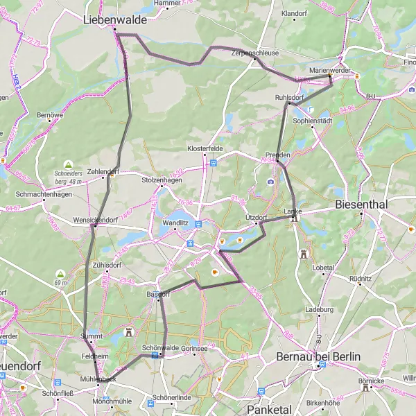 Map miniature of "The Prenden Loop" cycling inspiration in Brandenburg, Germany. Generated by Tarmacs.app cycling route planner