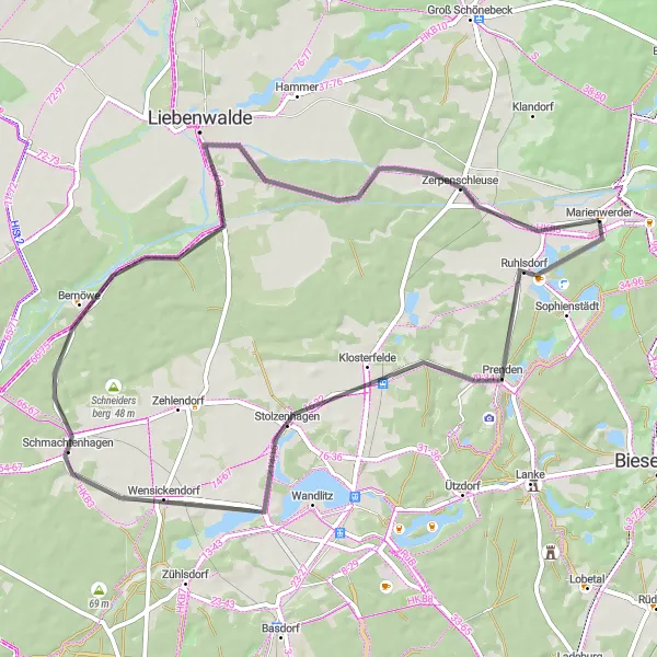 Map miniature of "The Klosterfelde Joyride" cycling inspiration in Brandenburg, Germany. Generated by Tarmacs.app cycling route planner