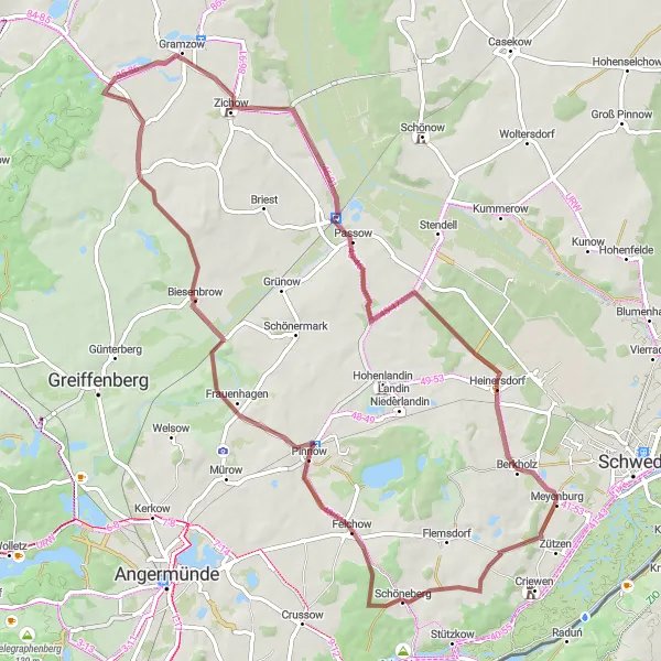 Karten-Miniaturansicht der Radinspiration "Rundtour durch Felchow und Biesenbrow" in Brandenburg, Germany. Erstellt vom Tarmacs.app-Routenplaner für Radtouren