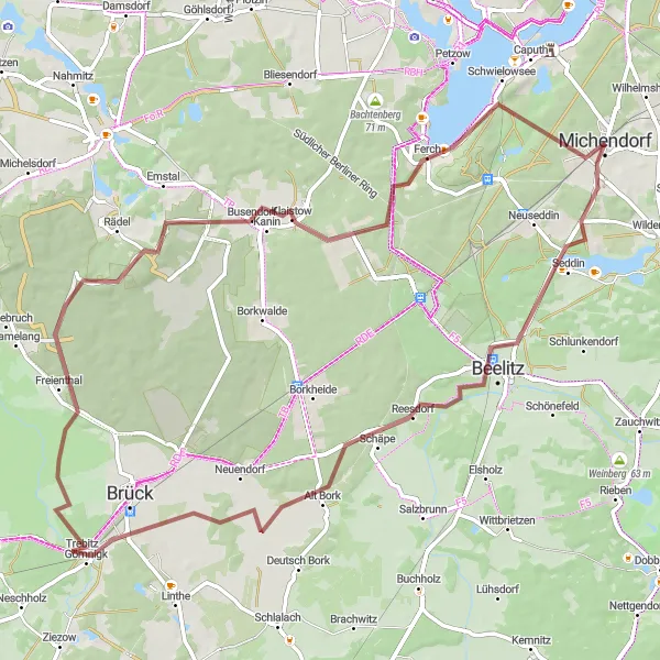 Map miniature of "Gravel Adventure through Brandenburg" cycling inspiration in Brandenburg, Germany. Generated by Tarmacs.app cycling route planner