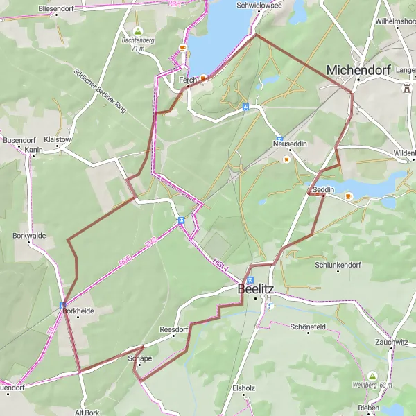 Map miniature of "Gravel Loop to Großer Seddiner See and Beelitz" cycling inspiration in Brandenburg, Germany. Generated by Tarmacs.app cycling route planner