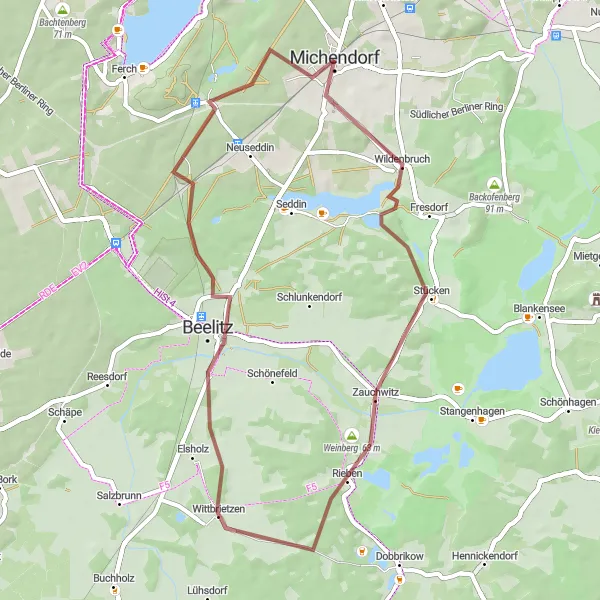 Map miniature of "Southern Gravel Adventure" cycling inspiration in Brandenburg, Germany. Generated by Tarmacs.app cycling route planner