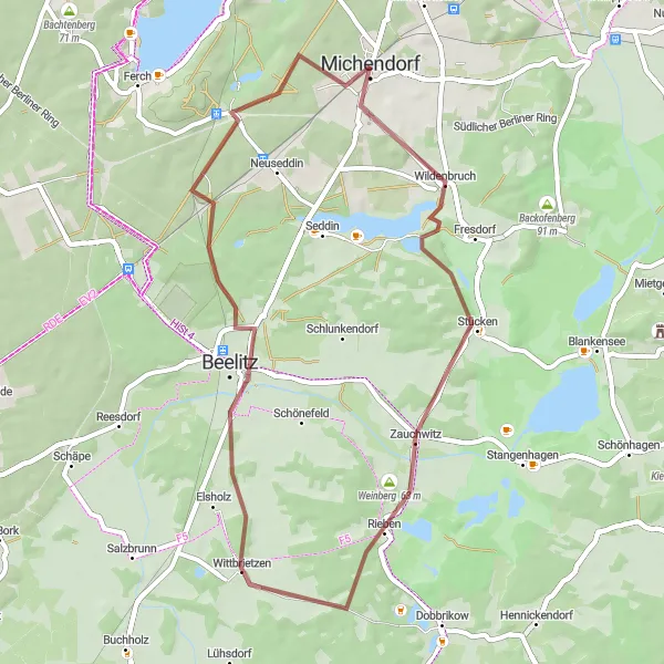 Karten-Miniaturansicht der Radinspiration "Entdeckungstour durch die Natur rund um Michendorf" in Brandenburg, Germany. Erstellt vom Tarmacs.app-Routenplaner für Radtouren