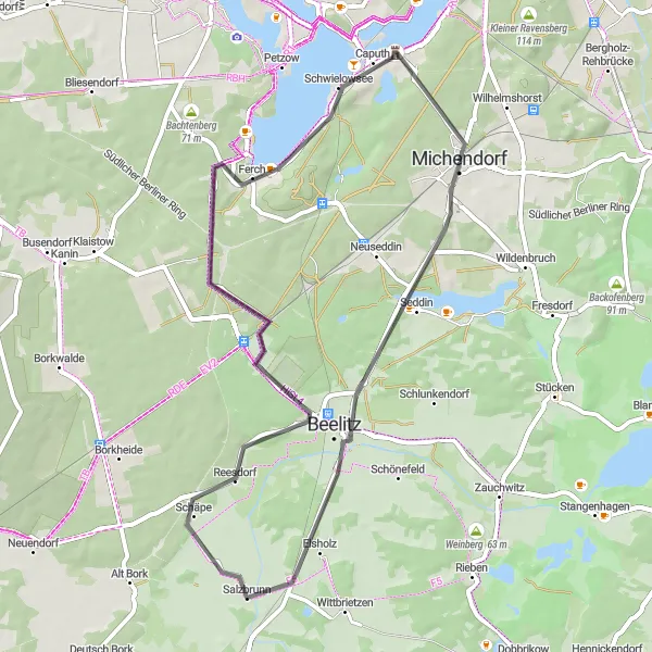 Map miniature of "Scenic Road Loop via Großer Seddiner See and Beelitz" cycling inspiration in Brandenburg, Germany. Generated by Tarmacs.app cycling route planner