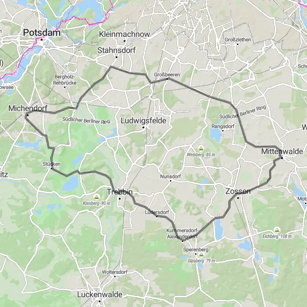 Map miniature of "The Ultimate Road Adventure to Zossen" cycling inspiration in Brandenburg, Germany. Generated by Tarmacs.app cycling route planner