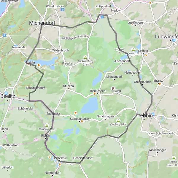 Map miniature of "Scenic Road Loop" cycling inspiration in Brandenburg, Germany. Generated by Tarmacs.app cycling route planner