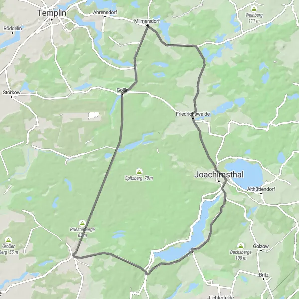 Map miniature of "Friedrichswalde Circuit" cycling inspiration in Brandenburg, Germany. Generated by Tarmacs.app cycling route planner