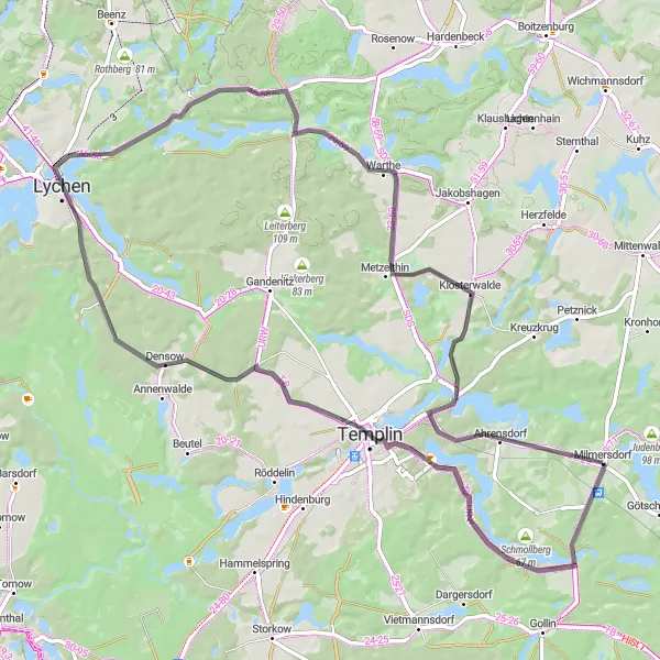 Map miniature of "Lakeside Exploration" cycling inspiration in Brandenburg, Germany. Generated by Tarmacs.app cycling route planner