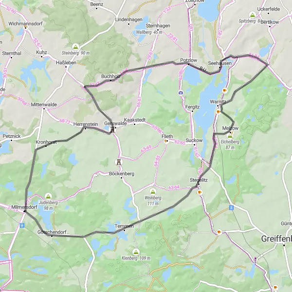 Map miniature of "The Potzlow Adventure" cycling inspiration in Brandenburg, Germany. Generated by Tarmacs.app cycling route planner