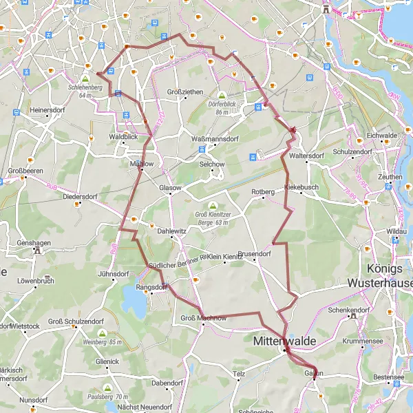 Karten-Miniaturansicht der Radinspiration "Gravel-Abenteuer um Mittenwalde" in Brandenburg, Germany. Erstellt vom Tarmacs.app-Routenplaner für Radtouren