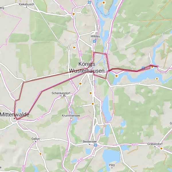 Karten-Miniaturansicht der Radinspiration "Gravel-Tour nach Königs Wusterhausen" in Brandenburg, Germany. Erstellt vom Tarmacs.app-Routenplaner für Radtouren