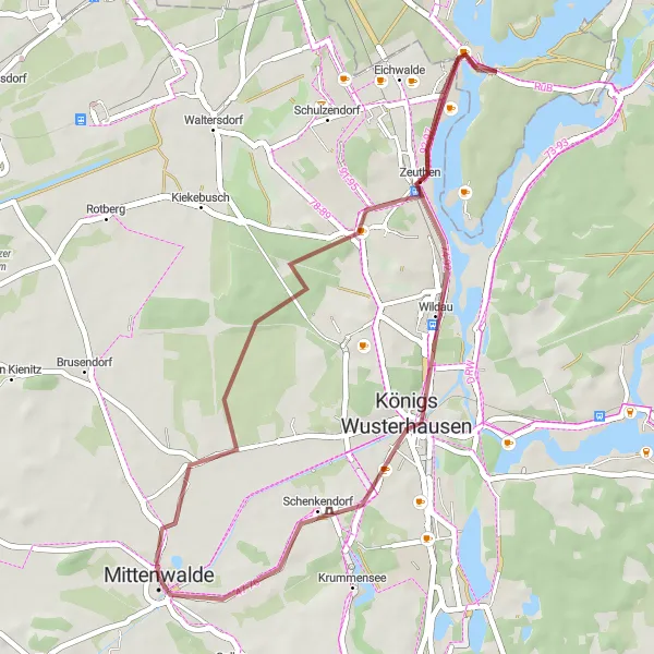 Map miniature of "Gravel Adventure from Mittenwalde to Königs Wusterhausen" cycling inspiration in Brandenburg, Germany. Generated by Tarmacs.app cycling route planner