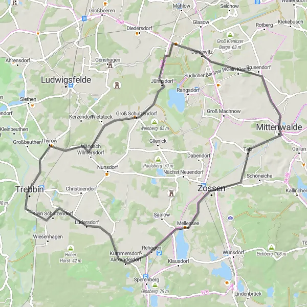 Map miniature of "Pennigsberg Loop" cycling inspiration in Brandenburg, Germany. Generated by Tarmacs.app cycling route planner