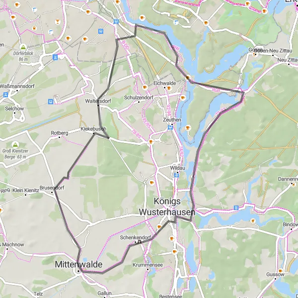Map miniature of "Waltersdorf Loop" cycling inspiration in Brandenburg, Germany. Generated by Tarmacs.app cycling route planner