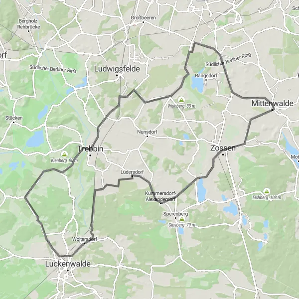 Map miniature of "Mittenwalde Loop: Discovering the Rural Beauty of Brandenburg" cycling inspiration in Brandenburg, Germany. Generated by Tarmacs.app cycling route planner