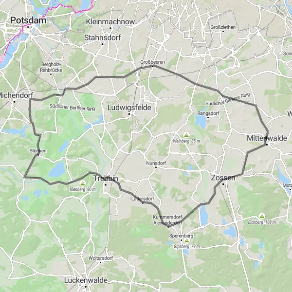 Karten-Miniaturansicht der Radinspiration "Rund um Mittenwalde und Berlin" in Brandenburg, Germany. Erstellt vom Tarmacs.app-Routenplaner für Radtouren