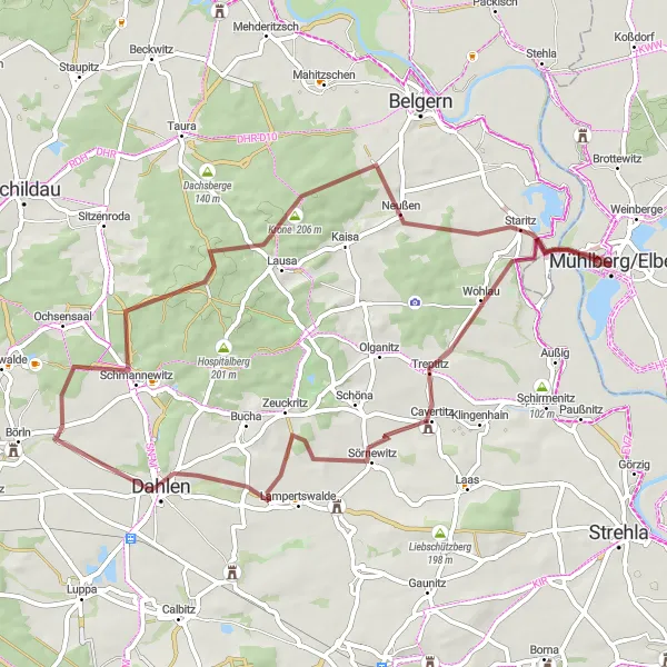 Karten-Miniaturansicht der Radinspiration "Rund um Mühlberg Gravel Tour" in Brandenburg, Germany. Erstellt vom Tarmacs.app-Routenplaner für Radtouren