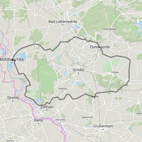 Karten-Miniaturansicht der Radinspiration "Mühlberg Road Tour" in Brandenburg, Germany. Erstellt vom Tarmacs.app-Routenplaner für Radtouren