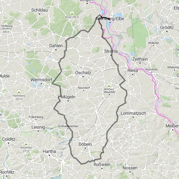 Map miniature of "The Strehla Loop" cycling inspiration in Brandenburg, Germany. Generated by Tarmacs.app cycling route planner