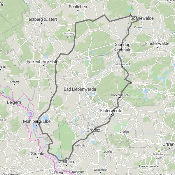 Map miniature of "Discover Mühlberg" cycling inspiration in Brandenburg, Germany. Generated by Tarmacs.app cycling route planner