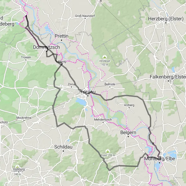 Map miniature of "Mühlberg to Dommitzsch Road Cycling Route" cycling inspiration in Brandenburg, Germany. Generated by Tarmacs.app cycling route planner