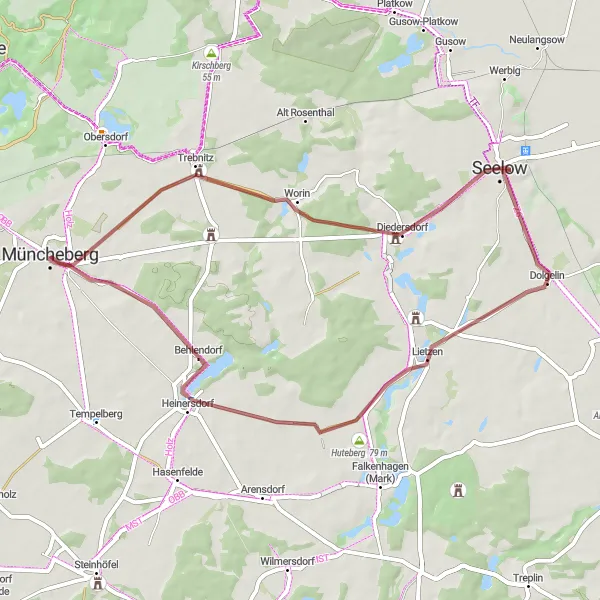 Map miniature of "Picturesque Gravel Exploration" cycling inspiration in Brandenburg, Germany. Generated by Tarmacs.app cycling route planner