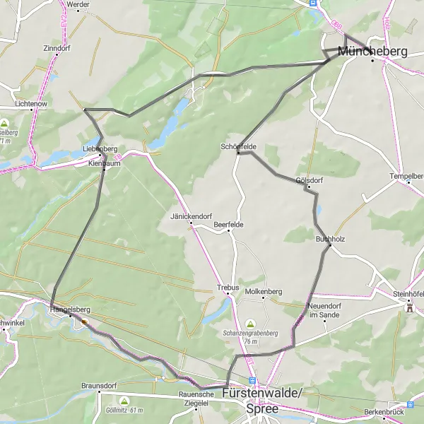 Map miniature of "Nature and Cultural Marvels of Kienbaum" cycling inspiration in Brandenburg, Germany. Generated by Tarmacs.app cycling route planner