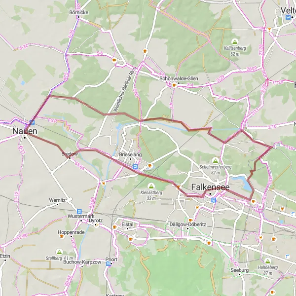 Map miniature of "Nauen Gravel Adventure" cycling inspiration in Brandenburg, Germany. Generated by Tarmacs.app cycling route planner