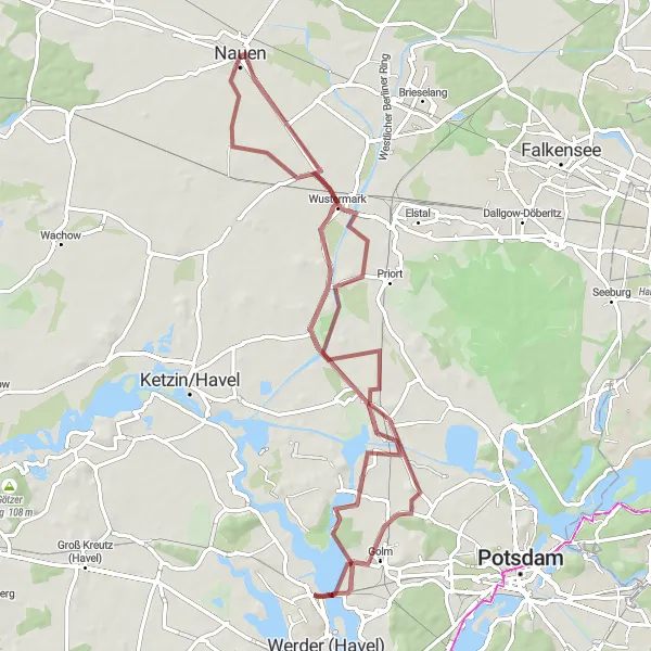 Map miniature of "Nauen Gravel Escape" cycling inspiration in Brandenburg, Germany. Generated by Tarmacs.app cycling route planner
