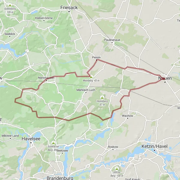 Map miniature of "Nauen and Surrounding Gravel Adventure" cycling inspiration in Brandenburg, Germany. Generated by Tarmacs.app cycling route planner