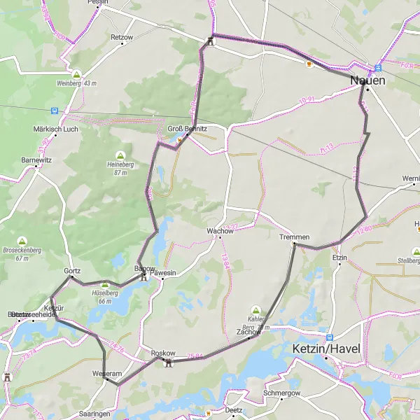 Map miniature of "Nauen Cycling Route" cycling inspiration in Brandenburg, Germany. Generated by Tarmacs.app cycling route planner