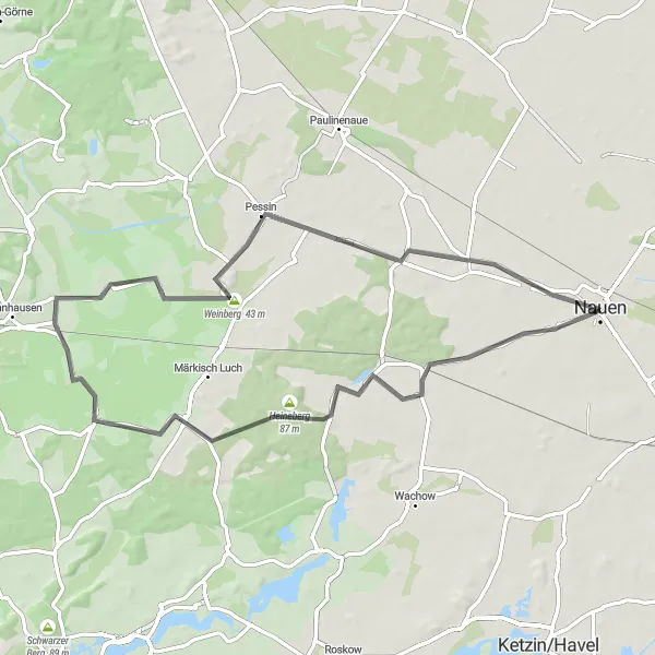 Map miniature of "Nauen Countryside Exploration" cycling inspiration in Brandenburg, Germany. Generated by Tarmacs.app cycling route planner