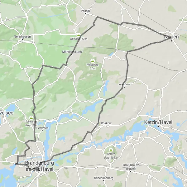 Map miniature of "Nauen Challenge" cycling inspiration in Brandenburg, Germany. Generated by Tarmacs.app cycling route planner