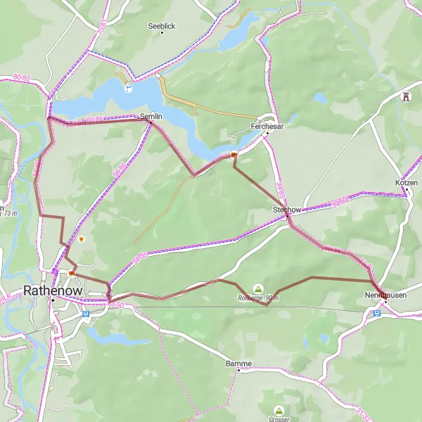 Map miniature of "Nennhausen Gravel Loop" cycling inspiration in Brandenburg, Germany. Generated by Tarmacs.app cycling route planner