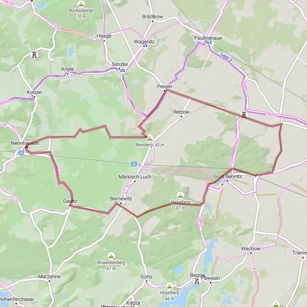 Map miniature of "Picturesque Gravel Adventure through Rural Landscapes" cycling inspiration in Brandenburg, Germany. Generated by Tarmacs.app cycling route planner