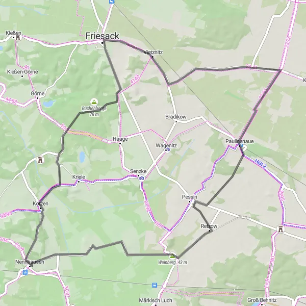 Map miniature of "Discovering Brandenburg's Scenic Routes" cycling inspiration in Brandenburg, Germany. Generated by Tarmacs.app cycling route planner