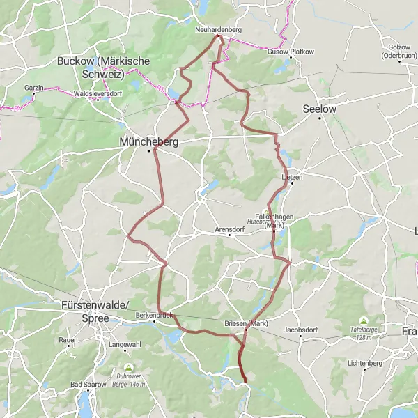 Map miniature of "Neuhardenberg Extended Gravel Adventure" cycling inspiration in Brandenburg, Germany. Generated by Tarmacs.app cycling route planner