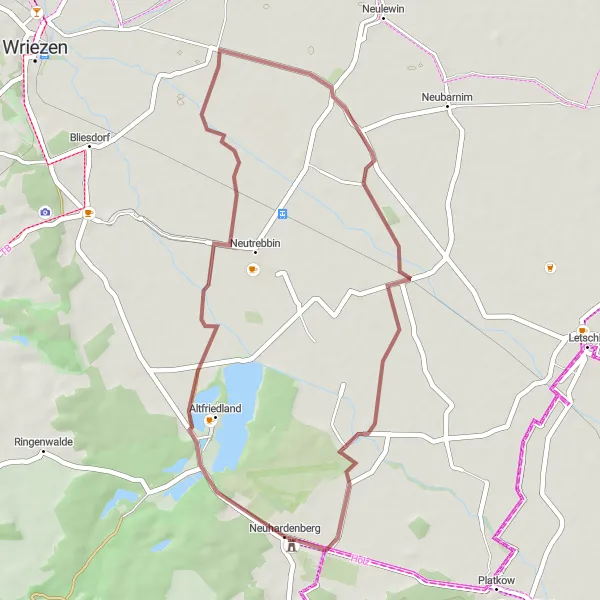 Map miniature of "Altfriedland and Schloss Neuhardenberg Gravel Route" cycling inspiration in Brandenburg, Germany. Generated by Tarmacs.app cycling route planner