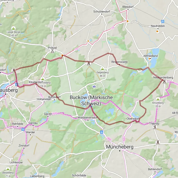 Map miniature of "Gravel Adventure Through Märkische Schweiz" cycling inspiration in Brandenburg, Germany. Generated by Tarmacs.app cycling route planner