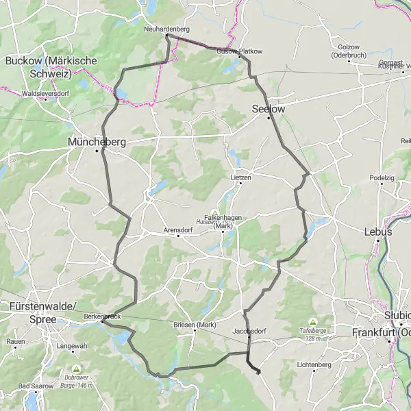 Map miniature of "Neuhardenberg Countryside Road Loop" cycling inspiration in Brandenburg, Germany. Generated by Tarmacs.app cycling route planner