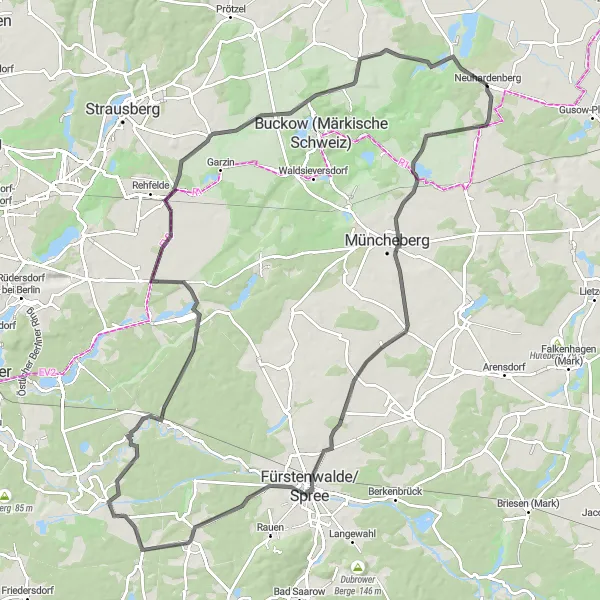 Map miniature of "Majestic Landscapes Road Tour from Neuhardenberg" cycling inspiration in Brandenburg, Germany. Generated by Tarmacs.app cycling route planner