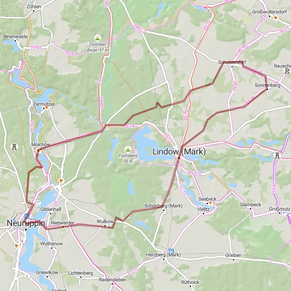 Map miniature of "Molchow Gravel Adventure" cycling inspiration in Brandenburg, Germany. Generated by Tarmacs.app cycling route planner