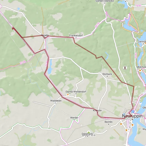 Map miniature of "Kränzlin Gravel Loop" cycling inspiration in Brandenburg, Germany. Generated by Tarmacs.app cycling route planner