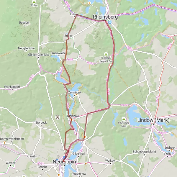 Map miniature of "Linow Gravel Loop" cycling inspiration in Brandenburg, Germany. Generated by Tarmacs.app cycling route planner