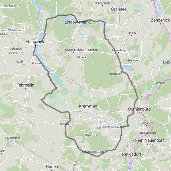 Map miniature of "Brandenburg Countryside Adventure" cycling inspiration in Brandenburg, Germany. Generated by Tarmacs.app cycling route planner