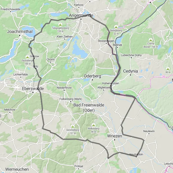 Map miniature of "The Uckermark Loop" cycling inspiration in Brandenburg, Germany. Generated by Tarmacs.app cycling route planner